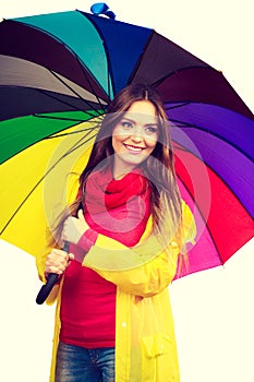 Woman in rainproof coat under umbrella