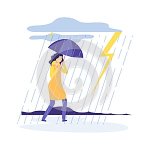 Woman rainy day. Bad weather, girl with umbrella. Sad tired female character. Person walks in thunderstorm and rain