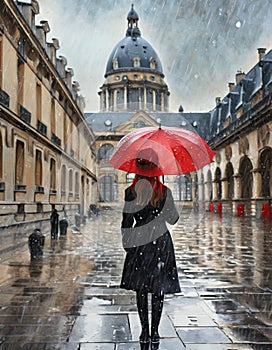 woman in rainy day with red umbrella on the street