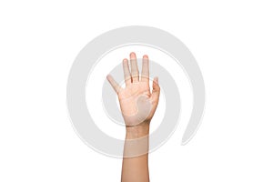 Woman raise hand up showing the five fingers on white background