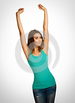 Woman raised her hands up happy success look