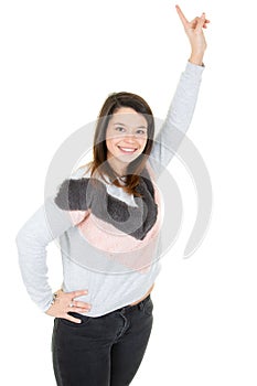 Woman raises the finger asking to speak white background