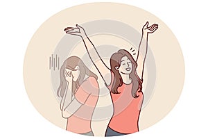 Woman raises hands up and rejoices having got rid of bad emotions and depression spoiling mood