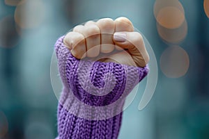 A woman raises a purple fist for International Women\'s Day