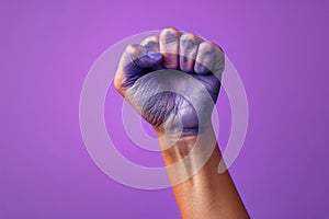 A woman raises a purple fist for International Women\'s Day