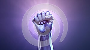 Woman raises purple hand high, feminist protest for equal rights. Generative AI