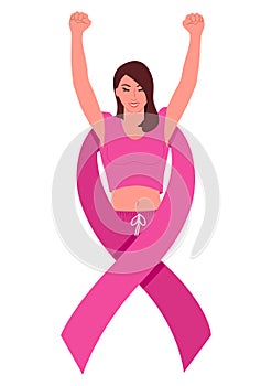 Woman raising both hands in happiness, enveloped in pink ribbons