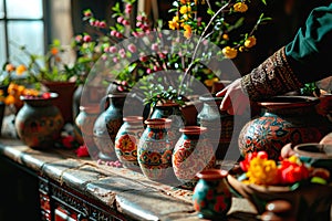 A woman reaches for a vase standing on the counter in an old kitchen.