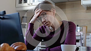 Woman read bad news on laptop look desperate, feels stressed due unsaved document, notice form bank about debt, work