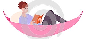 Woman read book in hammock. Summer rest and relaxation