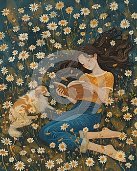 Woman Reading Amongst a Field of Daisies With Her Dog