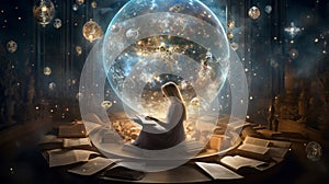 woman reading a book, ancient texts, science, order, spirituality, faith, generated ai