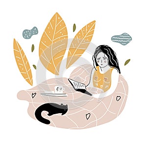 Woman reading book in the bed doodle vector illustration