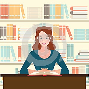 Woman reading book on desk.