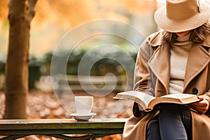 Woman reading a book and drinking coffee in the park in autumn.