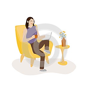 Woman reading book and drinking hot tea or coffee flat color vector faceless character on white background. Female relaxing at