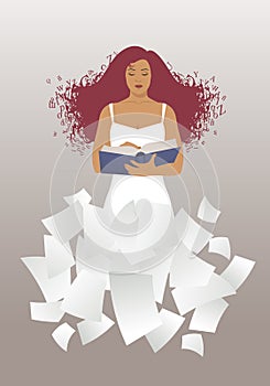 Woman reading a book with hair in the wind. Hair made of letters