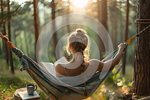 Woman Reading a Book in a Hammock in the Woods