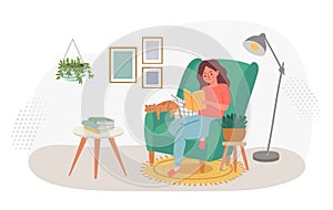 Woman reading book at home sit in chair