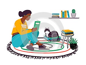 Woman reading book at home. Young female character sitting on carpet with textbook. Student girl wearing glasses