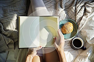 Woman Reading Book Novel On Bed Breakfast Morning