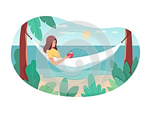 Woman reading book rest in hammock at seacoast