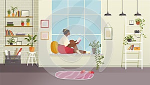 Woman reading book, sitting in windowsill. Hobby, relax, resting, at home concept. Cute girl relaxes