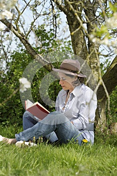 Woman reading a book under a tree