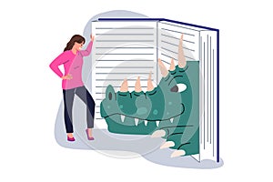 Woman is reading book about zoology and reptiles, standing near encyclopedia with dinosaur head