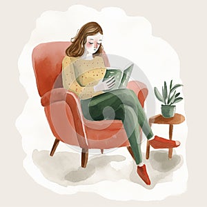 Woman reading in comfy chair, sketch llustration Created with generative AI technology.