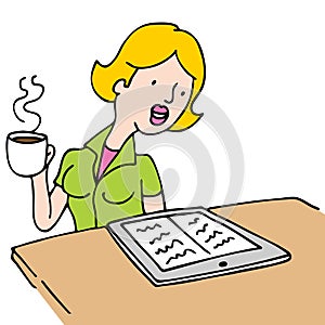 Woman Reading An Ebook and Drinking Coffee