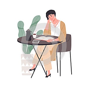 Woman reading fiction literature in cafe. Book reader resting and enjoying novel and tea cup at table in coffee shop at