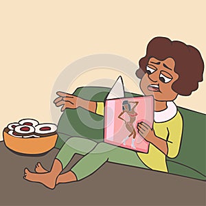 Woman reading glossy magazine while eating cookies cartoon