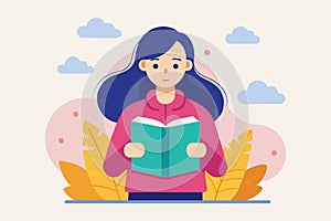 Woman reading a guidebook while seated on a bench outdoors, Woman is reading a guidebook, Simple and minimalist flat Vector photo