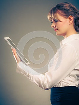 Woman reading learning with ebook. Education