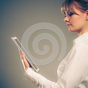 Woman reading learning with ebook. Education