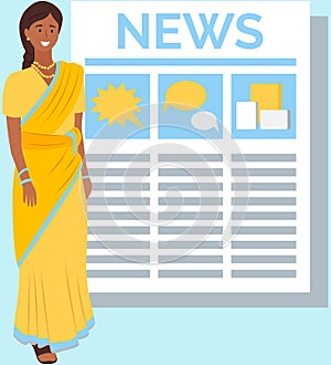 Woman reading news in classic newspaper. Female character correspondent dressed in costume sari