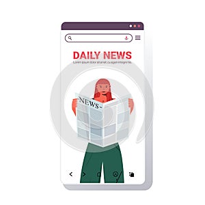 Woman reading newspaper daily news press mass media concept smartphone screen