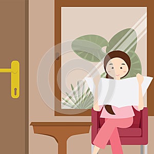 Woman reading newspaper sitting on chair illustration