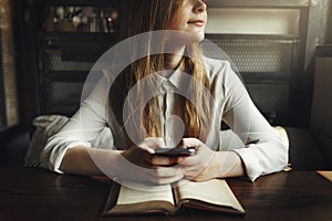 Woman Reading Studying Cafe Restaurant Relaxation Concept