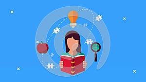 woman reading text book and learning set icons animation