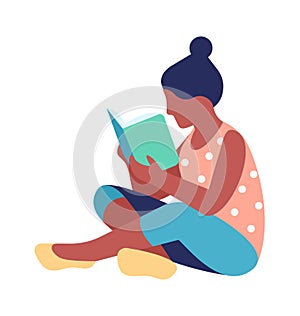 Woman reads book. Adult female character sitting and reading, bibliophile and book lover, getting knowledge, development