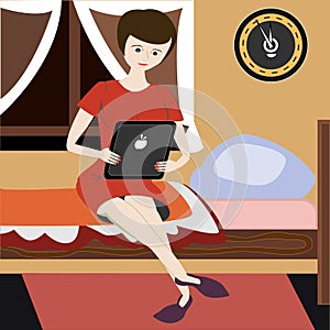 Woman reads from tablet in a bedroom. Girl holds tablet computer sitting on a bed in tender colors interior