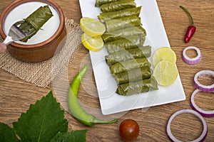 Woman ready to eat grape leaves stuffed rolls