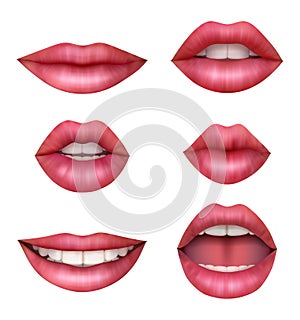 Woman realistic mouth. Beauty sexy lips happy girls vector anatomic pictures collection