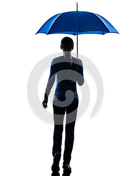 Woman rear view walking holding umbrella silhouette