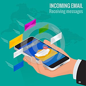 Woman received an e-mail online on a mobile phone. Message online Incoming email isometric vector concept. Receiving