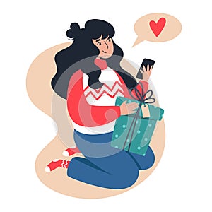 A woman receives and gives gifts, New Year`s and Christmas online shopping from home. Vector illustration for a greeting card