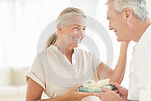 Woman Receiving Gift From Man At Home