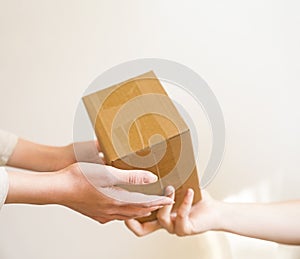 Woman receiving a package at home from a delivery man. Copy space. mockup, Close-up. White background